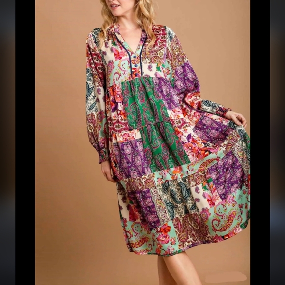 Umgee Tropical Damask Border Print Mini Dress - Green